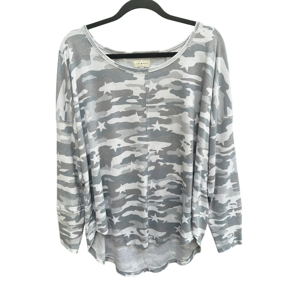 Lucky Brand Womens 2X Camo Star Waffle Knit Thermal Top Grey White Long Sleeve
